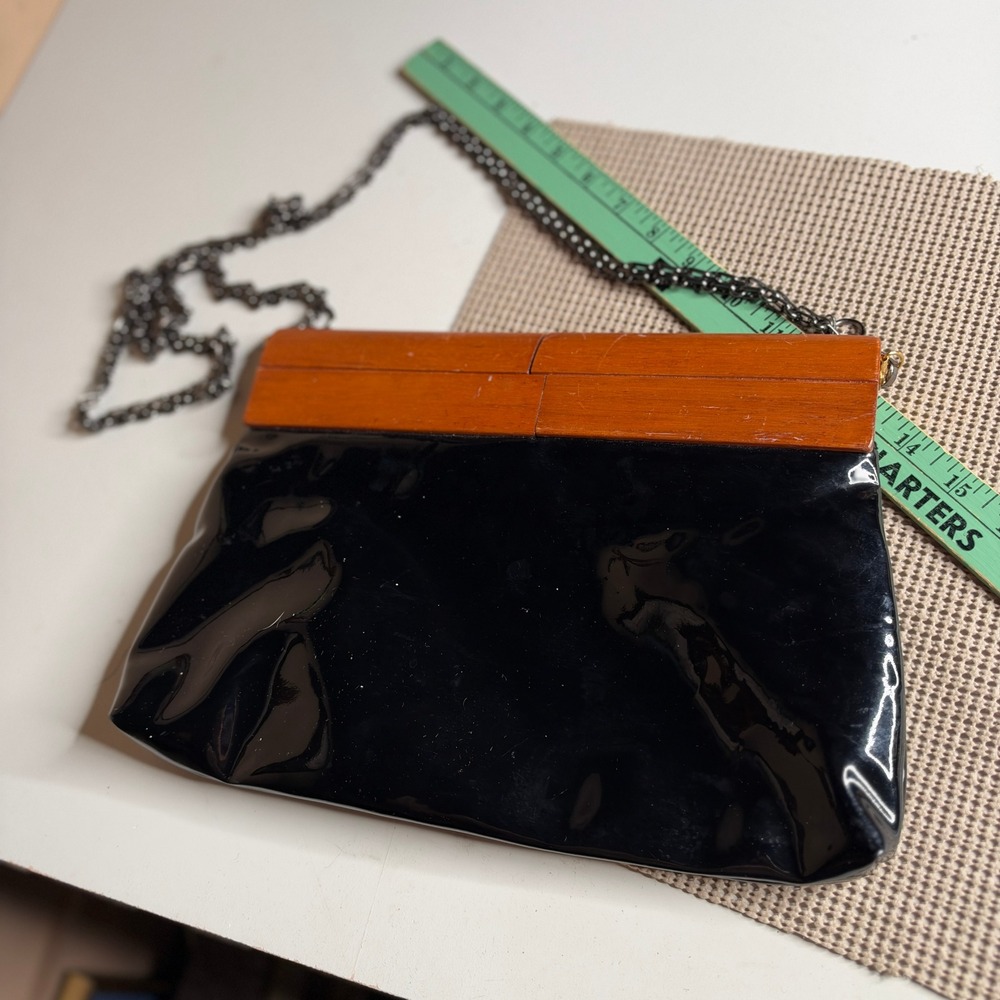 Saddle River Black Patent Wood Frame Clutch Crossbody Bag with Chain Strap